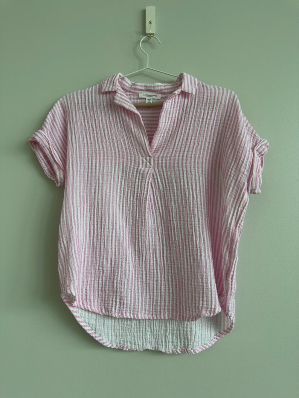 BeachLunchLounge Pink White Striped Gauze Tunic Top XS Oversized Coastal